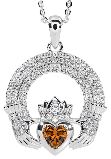 Diamond Citrine White Gold Claddagh Celtic Trinity Knot Necklace