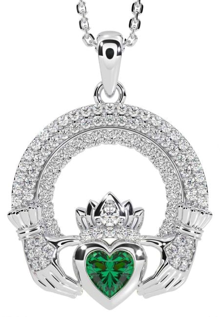 Diamond Emerald White Gold Claddagh Celtic Trinity Knot Necklace