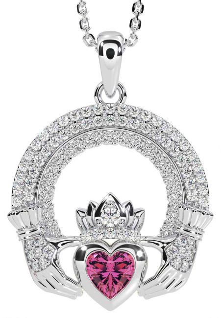 Diamond Pink Tourmaline White Gold Claddagh Celtic Trinity Knot Necklace