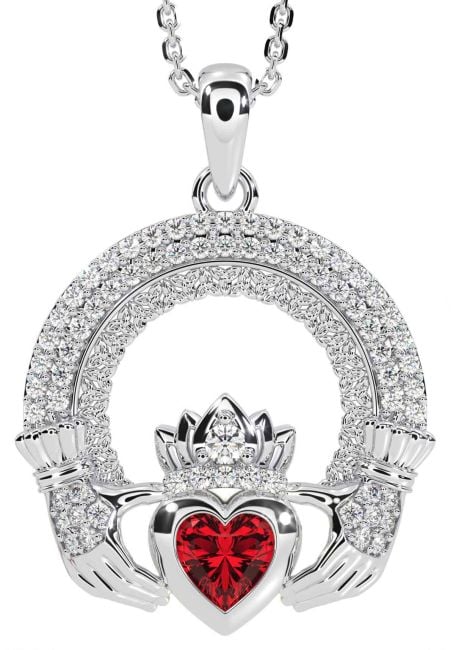 Diamond Ruby White Gold Claddagh Celtic Trinity Knot Necklace