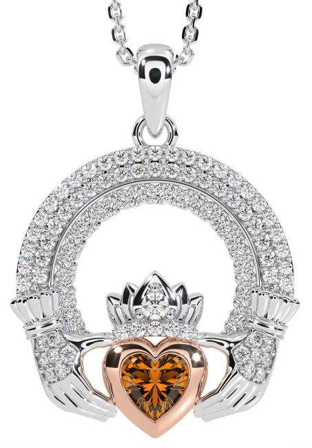 Diamond Citrine White Rose Gold Claddagh Celtic Trinity Knot Necklace