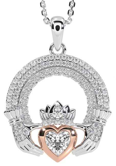 Diamond White Rose Gold Claddagh Celtic Trinity Knot Necklace
