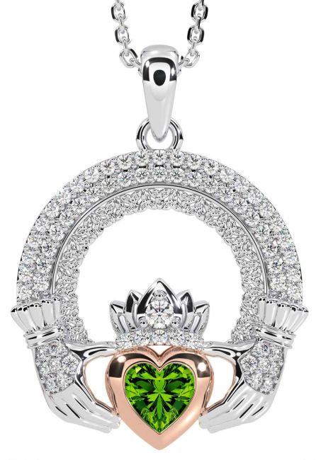 Diamond Peridot White Rose Gold Claddagh Celtic Trinity Knot Necklace