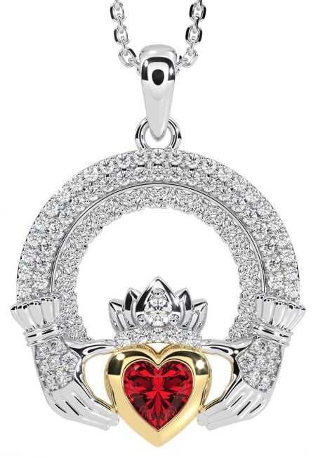 Diamond Ruby White Yellow Gold Claddagh Celtic Trinity Knot Necklace