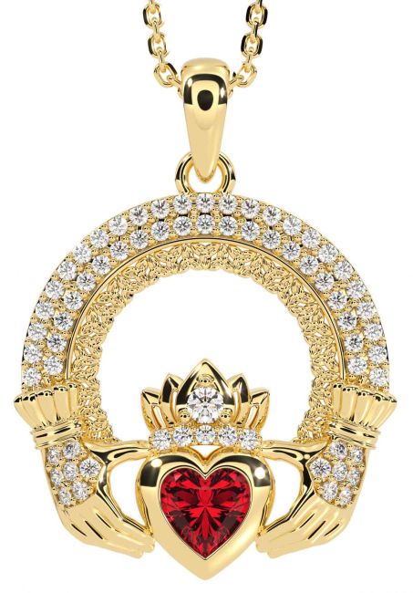 Diamond Ruby Gold Claddagh Celtic Trinity Knot Necklace