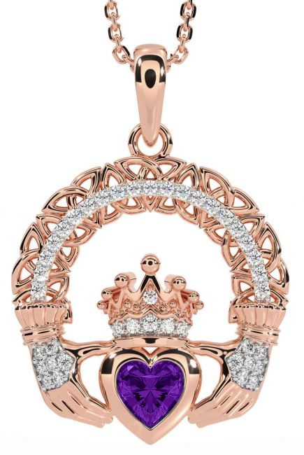 Diamond Amethyst Rose Gold Silver Claddagh Celtic Trinity Knot Necklace