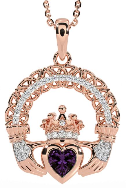 Diamond Alexandrite Rose Gold Silver Claddagh Celtic Trinity Knot Necklace