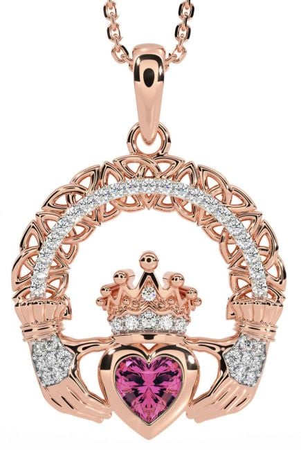 Diamond Pink Tourmaline Rose Gold Silver Claddagh Celtic Trinity Knot Necklace