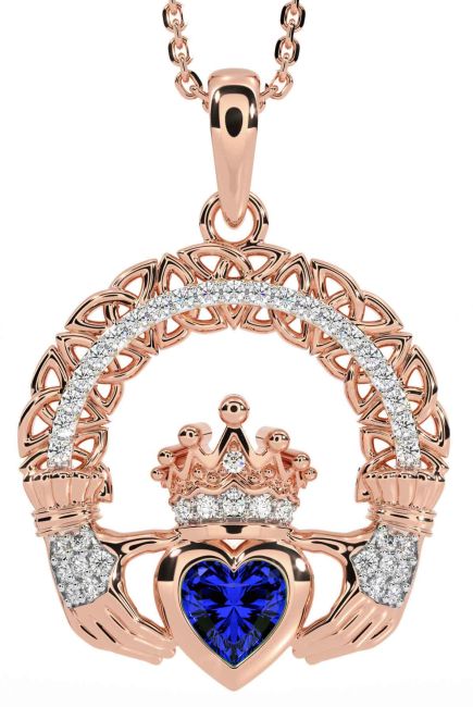 Diamond Sapphire Rose Gold Silver Claddagh Celtic Trinity Knot Necklace