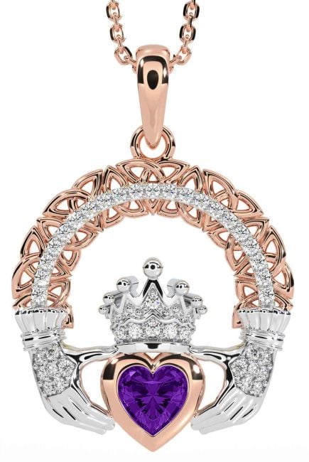 Diamond Amethyst Rose Gold Silver Claddagh Celtic Trinity Knot Necklace