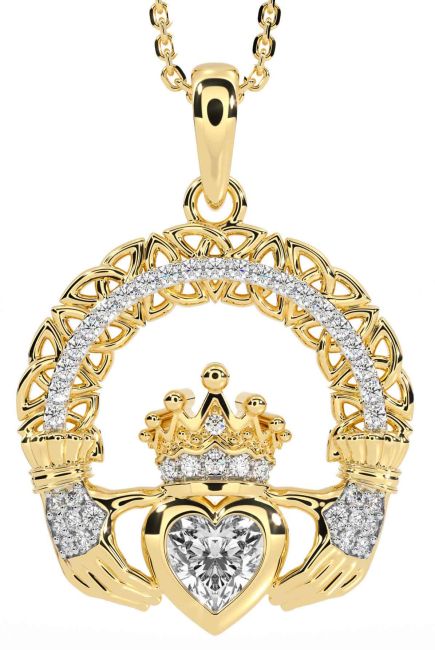 Diamond Gold Silver Claddagh Celtic Trinity Knot Necklace