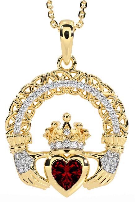 Diamond Garnet Gold Silver Claddagh Celtic Trinity Knot Necklace