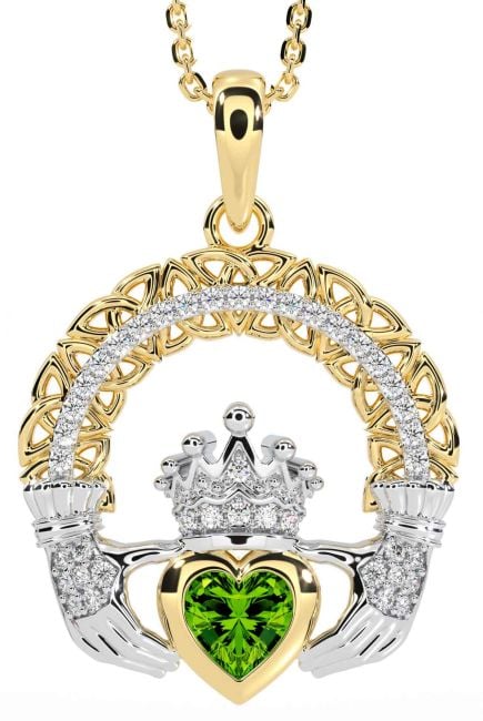 Diamond Peridot Gold Silver Claddagh Celtic Trinity Knot Necklace