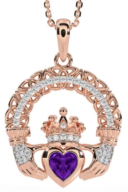 Diamond Amethyst Rose Gold Claddagh Celtic Trinity Knot Necklace