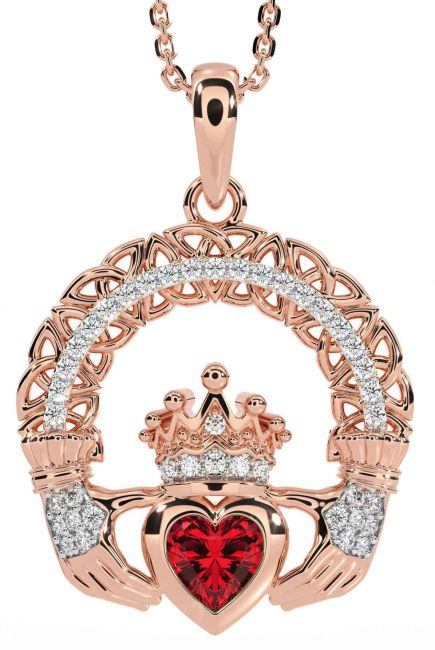 Diamond Ruby Rose Gold Claddagh Celtic Trinity Knot Necklace