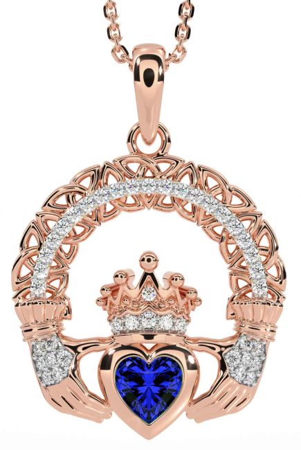 Diamond Sapphire Rose Gold Claddagh Celtic Trinity Knot Necklace