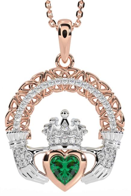 Diamond Emerald White Rose Gold Claddagh Celtic Trinity Knot Necklace