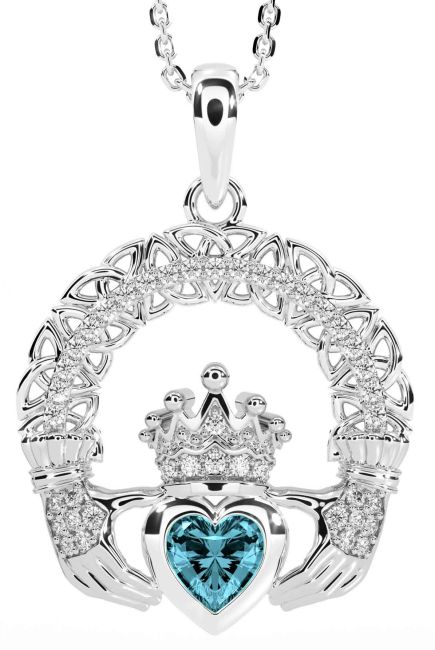 Diamond Aquamarine Silver Claddagh Celtic Trinity Knot Necklace