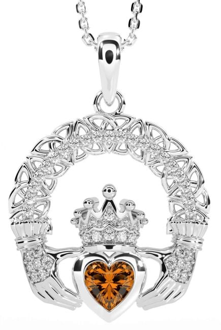 Diamond Citrine Silver Claddagh Celtic Trinity Knot Necklace