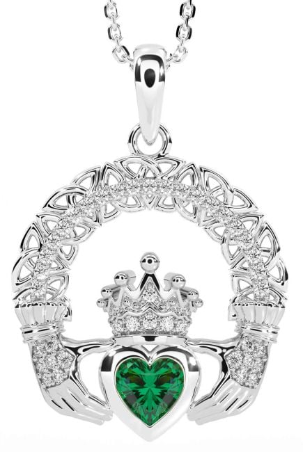 Diamond Emerald Silver Claddagh Celtic Trinity Knot Necklace