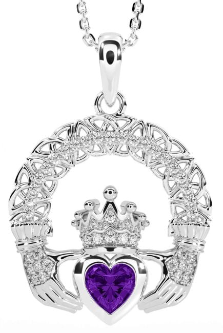 Diamond Amethyst White Gold Claddagh Celtic Trinity Knot Necklace