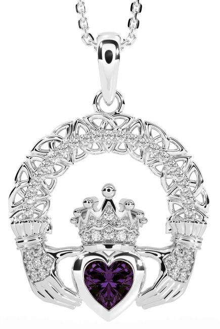 Diamond Alexandrite White Gold Claddagh Celtic Trinity Knot Necklace