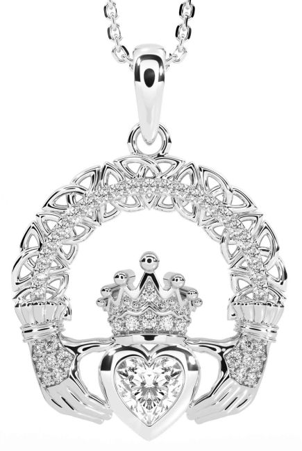 Diamond White Gold Claddagh Celtic Trinity Knot Necklace