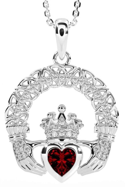 Diamond Garnet White Gold Claddagh Celtic Trinity Knot Necklace