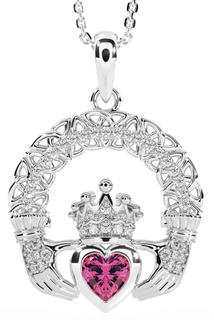 Diamond Pink Tourmaline White Gold Claddagh Celtic Trinity Knot Necklace