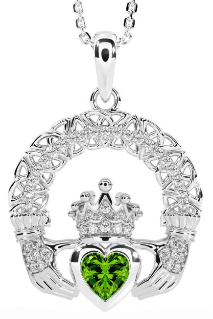 Diamond Peridot White Gold Claddagh Celtic Trinity Knot Necklace