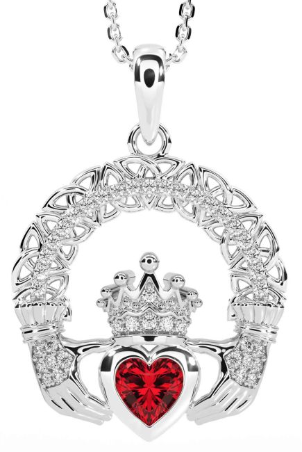 Diamond Ruby White Gold Claddagh Celtic Trinity Knot Necklace