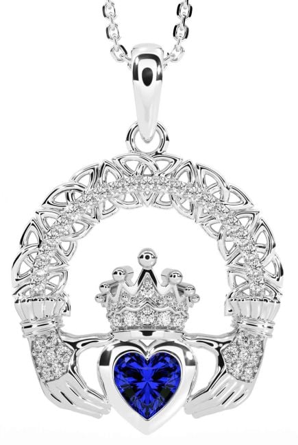 Diamond Sapphire White Gold Claddagh Celtic Trinity Knot Necklace