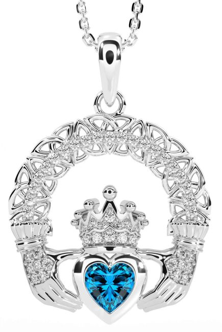 Diamond Topaz White Gold Claddagh Celtic Trinity Knot Necklace