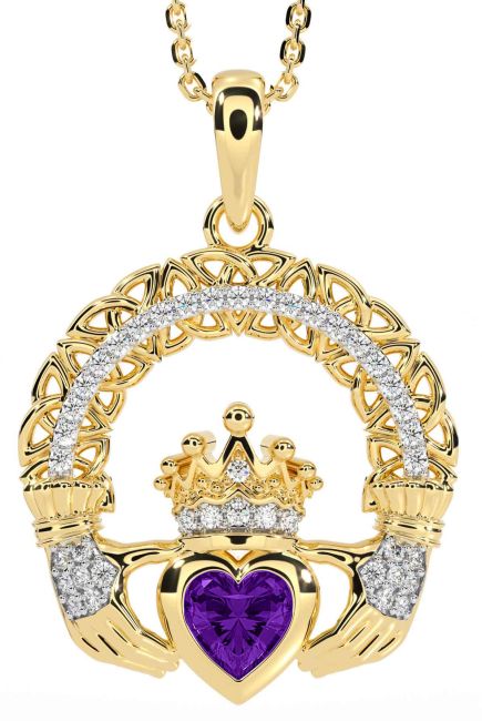 Diamond Amethyst Gold Claddagh Celtic Trinity Knot Necklace