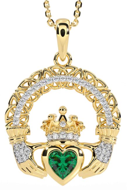 Diamond Emerald Gold Claddagh Celtic Trinity Knot Necklace