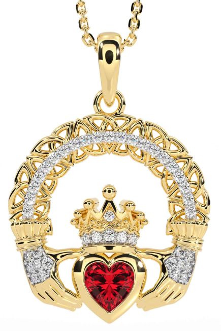 Diamond Ruby Gold Claddagh Celtic Trinity Knot Necklace