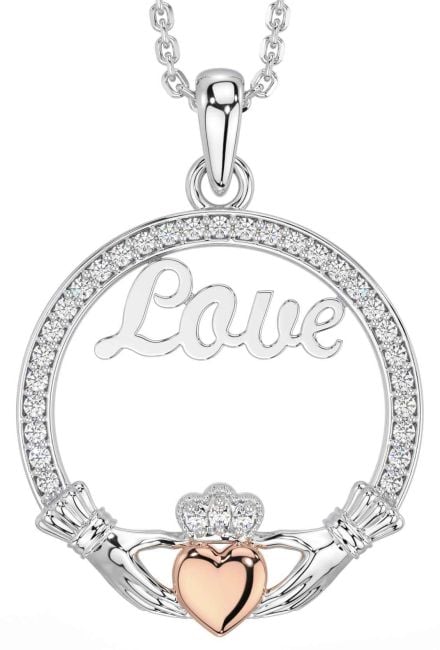 Diamond Rose Gold Silver Claddagh Love Necklace