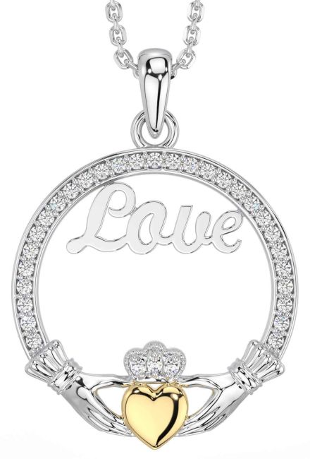 Diamond Gold Silver Claddagh Love Necklace