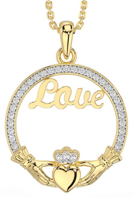 Diamond Gold Silver Claddagh Love Necklace