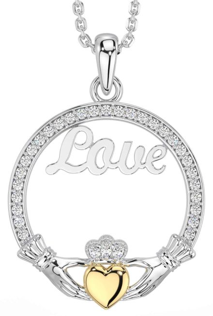Diamond White Yellow Gold Claddagh Love Necklace