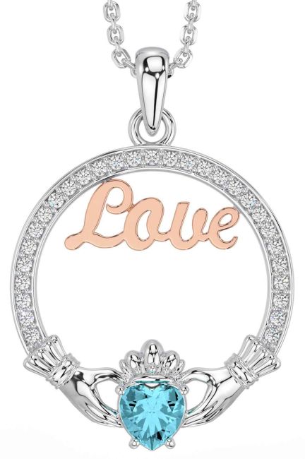 Diamond Aquamarine Rose Gold Silver Claddagh Love Necklace