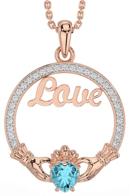 Diamond Aquamarine Rose Gold Silver Claddagh Love Necklace