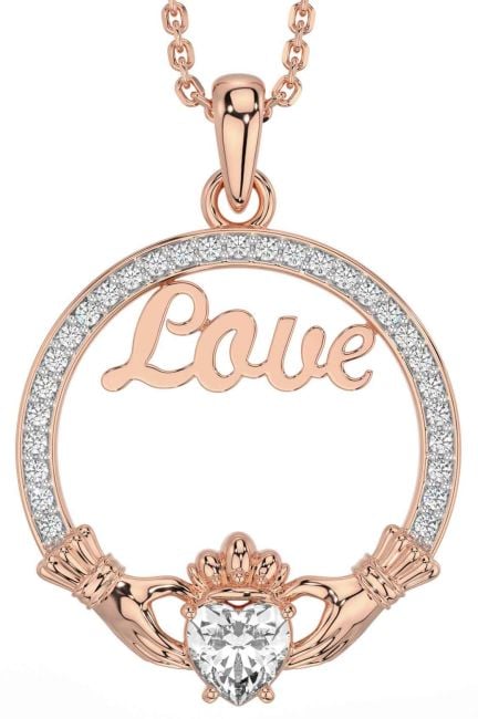 Diamond Rose Gold Silver Claddagh Love Necklace