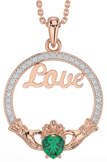 Diamond Emerald Rose Gold Silver Claddagh Love Necklace