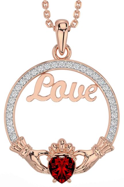 Diamond Garnet Rose Gold Silver Claddagh Love Necklace