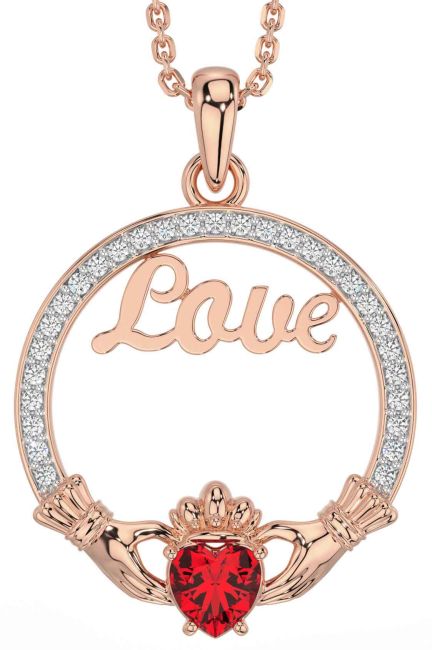 Diamond Ruby Rose Gold Silver Claddagh Love Necklace