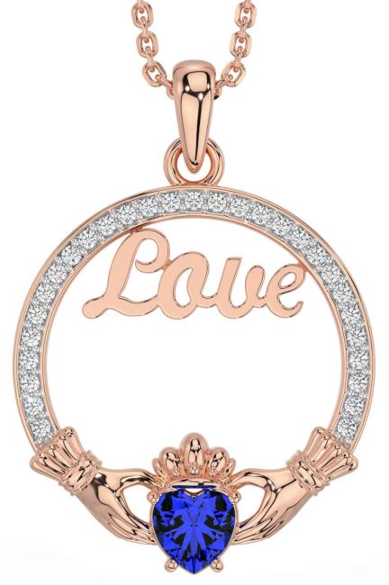 Diamond Sapphire Rose Gold Silver Claddagh Love Necklace