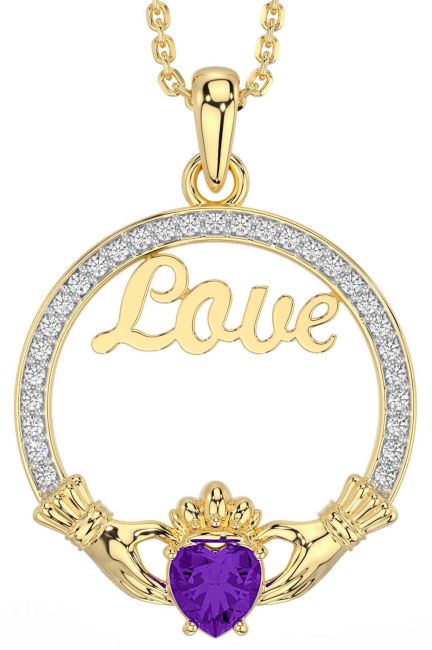 Diamond Amethyst Gold Silver Claddagh Love Necklace