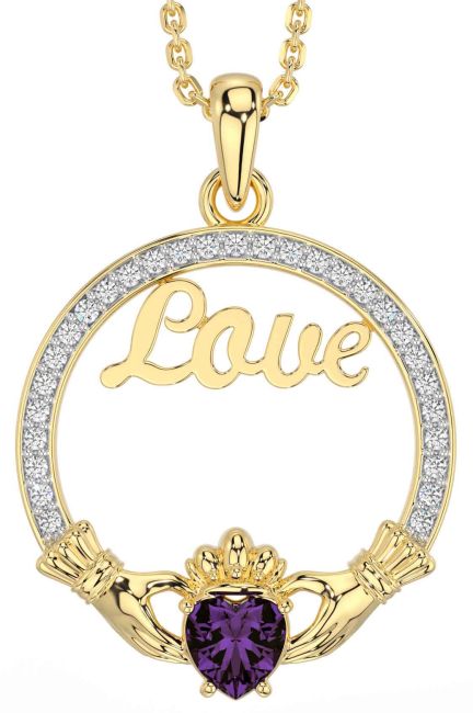 Diamond Alexandrite Gold Silver Claddagh Love Necklace