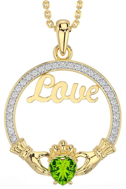 Diamond Peridot Gold Silver Claddagh Love Necklace